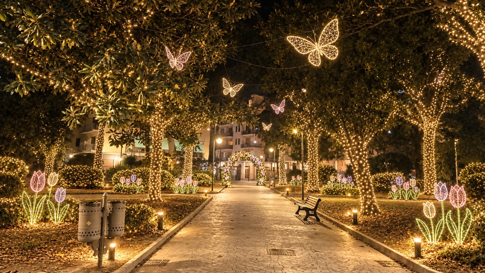 Luci di Pasqua: un viale con alberi illuminati, farfalle e fiori luminosi